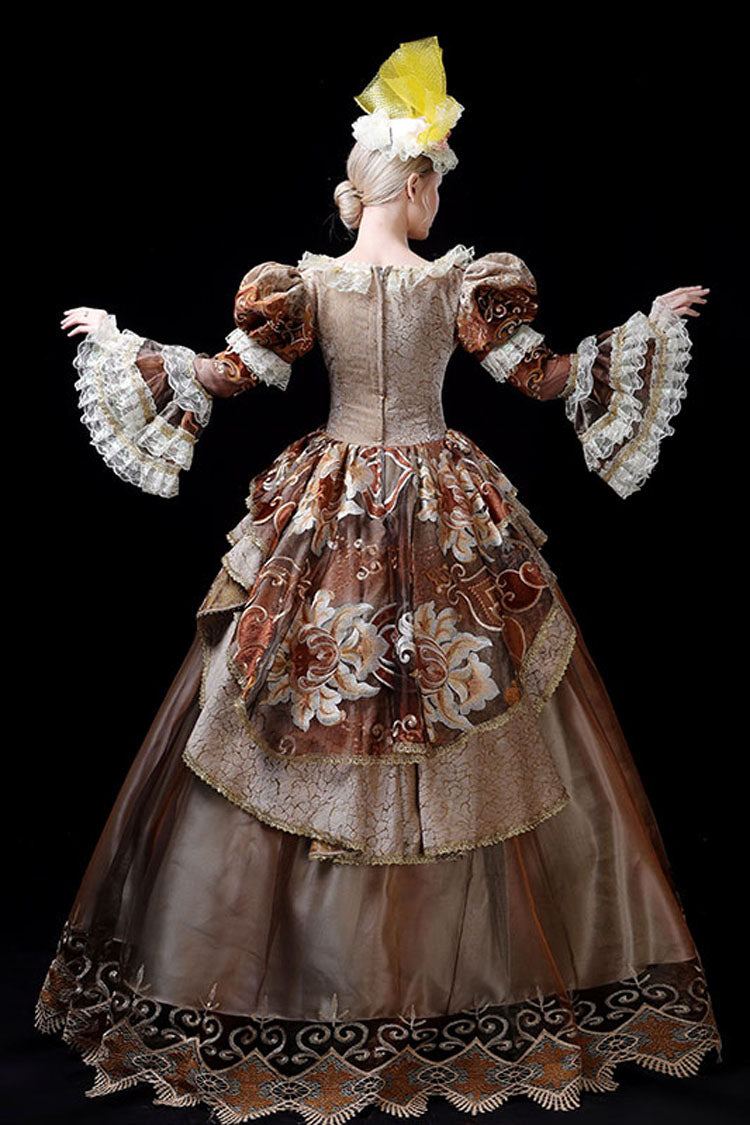 Coffee Victorian Prom Dress with Floral Embroidery and Trumpet Sleeves