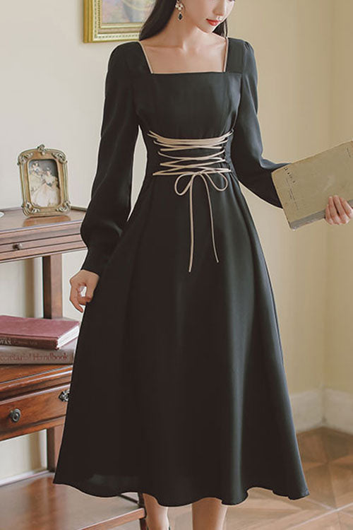 Black Square Collar Long Sleeve High-Waist Classic Lolita OP - European Manor