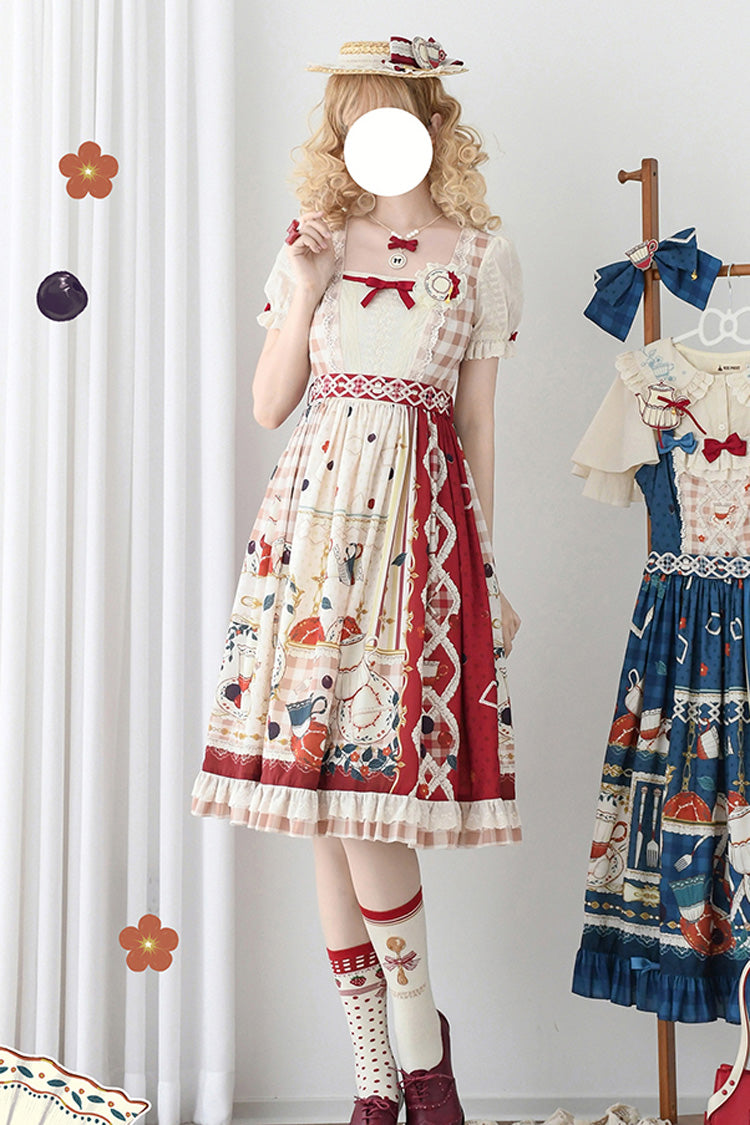 Crimson Tea Party Short Sleeve Printed Ruffled Bow Lace Sweet Elegant Lolita Gown