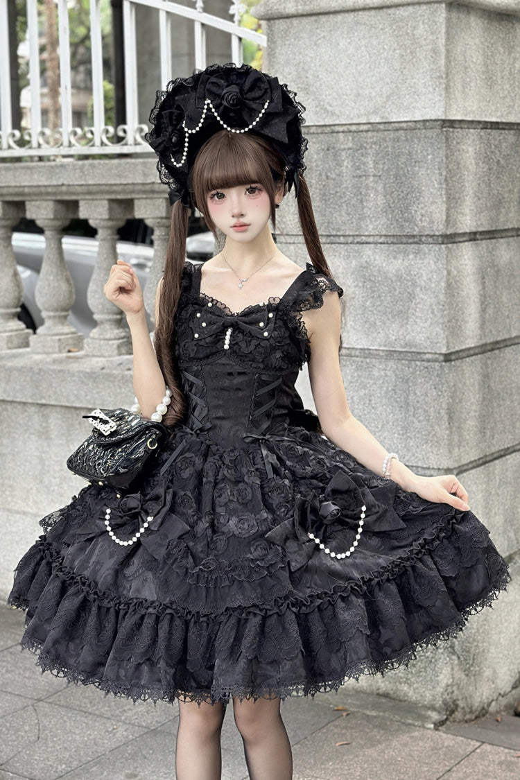 Onyx Sleeveless Ruffle Bow Lace Corset Gothic Ballet Jumper Dress - Rose Princess