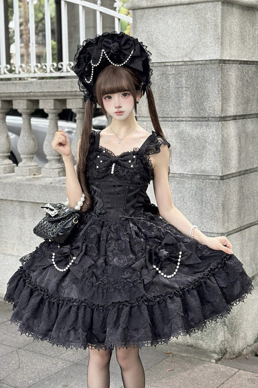 Onyx Sleeveless Ruffle Bow Lace Corset Gothic Ballet Jumper Dress - Rose Princess