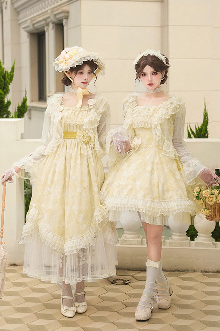 Golden Square Collar Flutter Sleeve Printed Ruffle Lace Sweet Elegant Short Dress - Falling Flowers as a Message