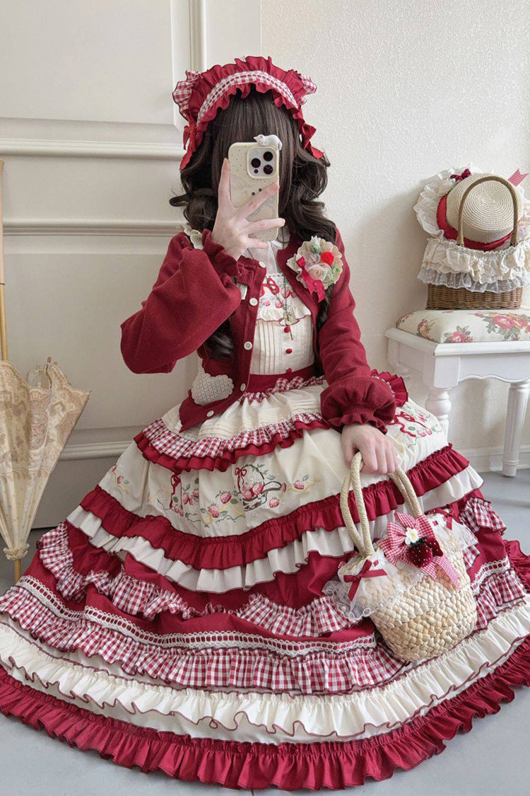 Crimson Strawberry Basket Square Neck Multi-Layer Print Ruffled Embroidered Bow Sweet Lolita JSK