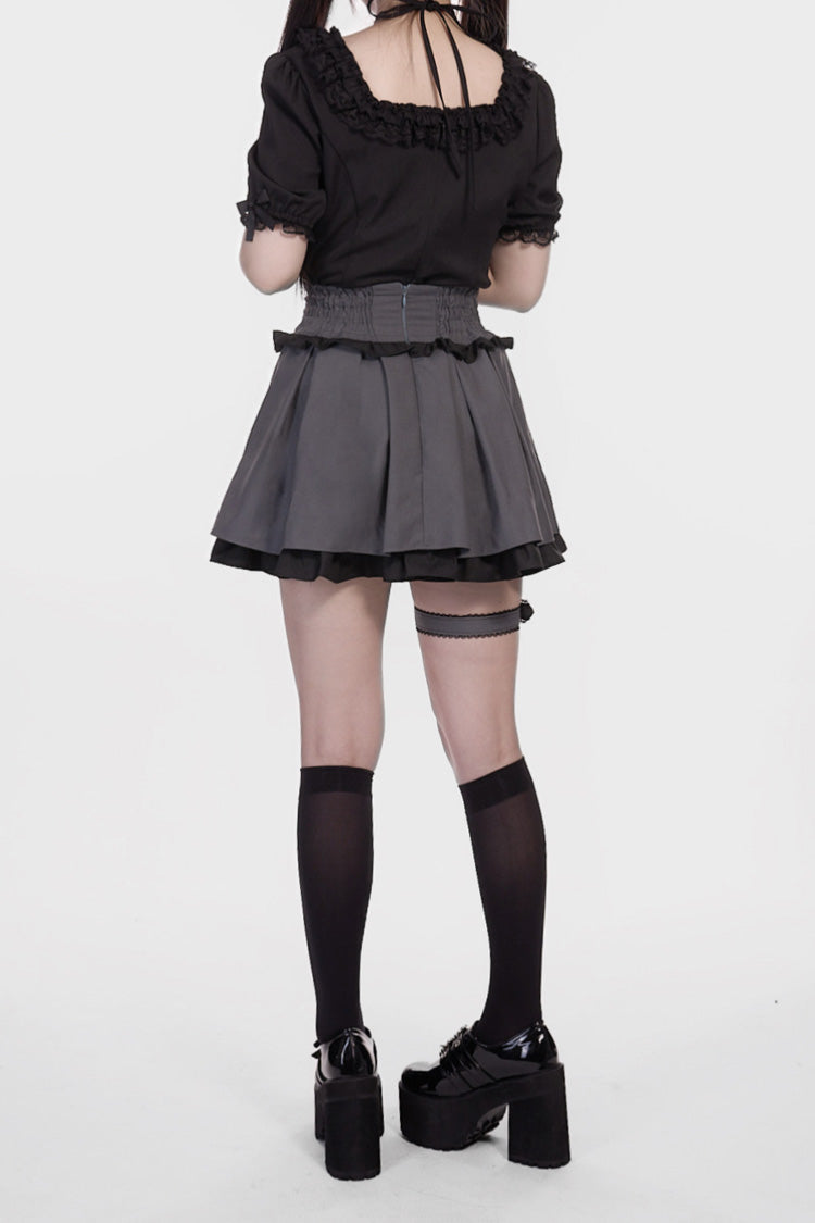 Japanese Jirai Kei Skirt with Leather Buckle, Double-Layered Ruffle, Grey/Black