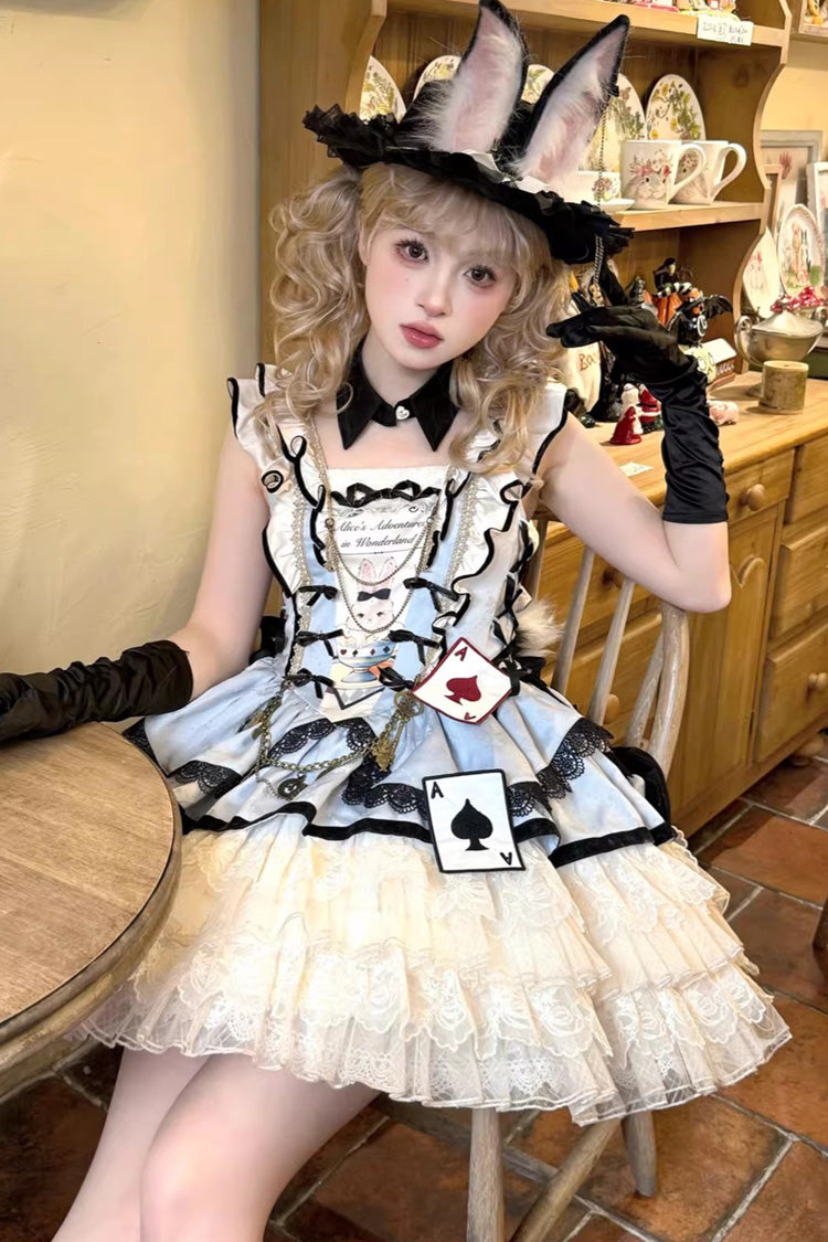 Square Collar Sleeveless Multi-Layered Ruffled Bow Lace Sweet Lolita Jsk Dress - Binky Bunny Magic