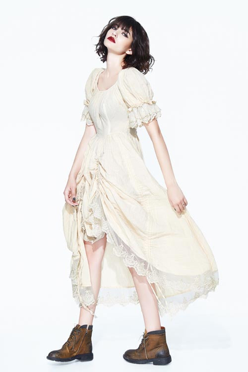 Vintage Punk Embroidered Lace Drawstring Dress - Creamy White