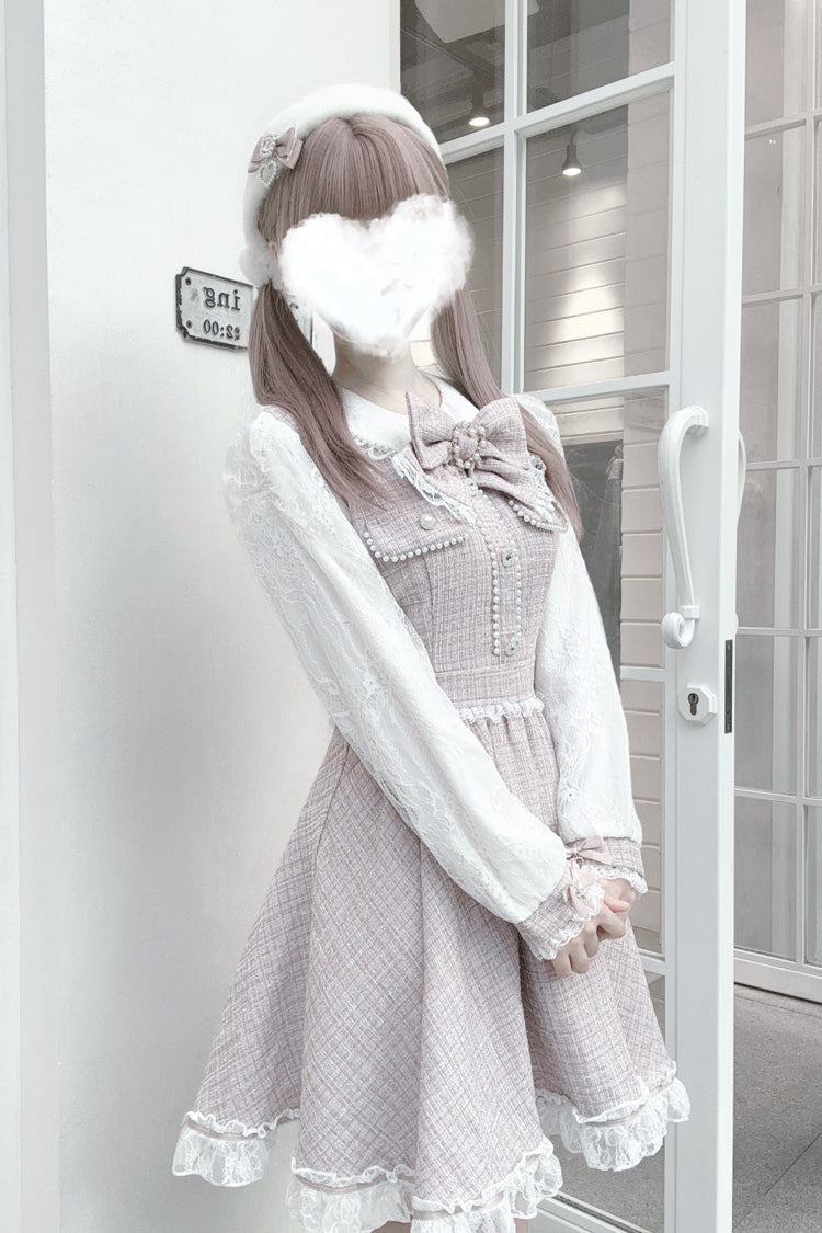 Jirai Kei Dress with Bowknot, Lace, Pearl Details, Long Sleeves, Grey/Pink