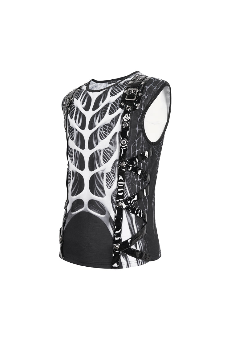 Monochrome Punk Vest with Round Collar and Cut-Out Print