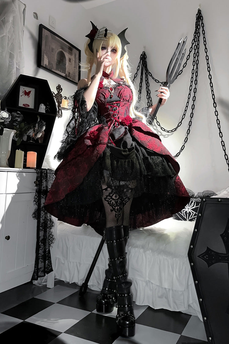 Black and Red Jacquard Print Gothic Lolita Dress with Lace-Up