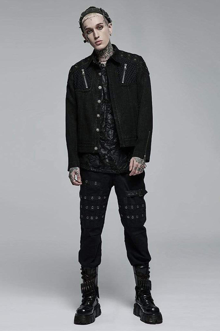 Aged Texture Mesh Panel Metal-Trimmed Punk Long Jacket