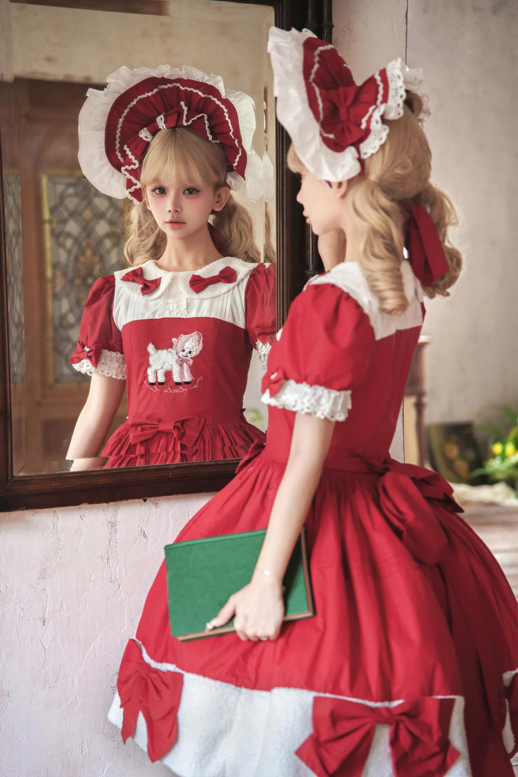 Crimson Shepherd Girl's Poem Doll Neck Short Sleeve Ruffled Bow Sweet Lolita Gown