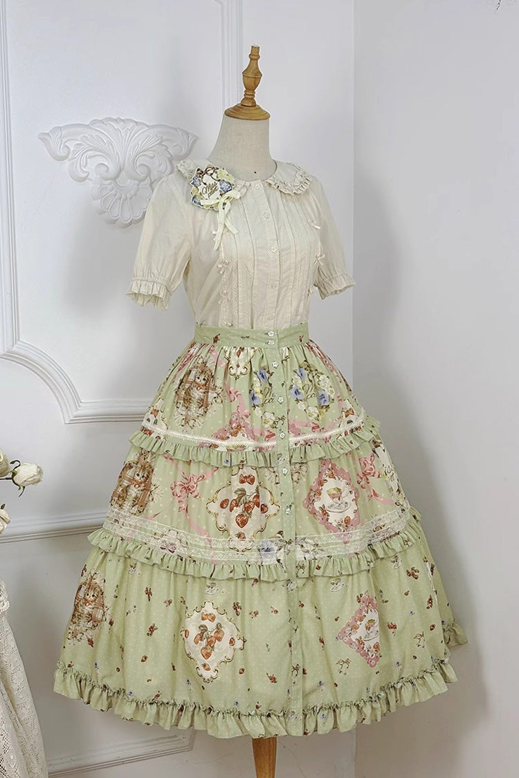 Green Cat Rose Tea Print Daily Sweet Lolita Skirt