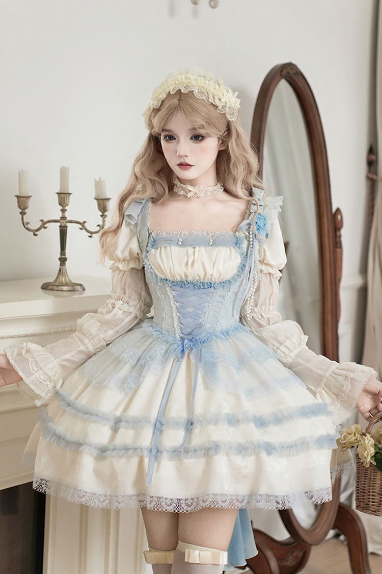 Ivory Square Collar Short Sleeve Ruffle Fishbone Sweet Short Dress - Sea Salt Iced Tea