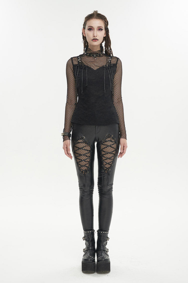 Punk T-Shirt with Faux Suspenders and Knit Mesh