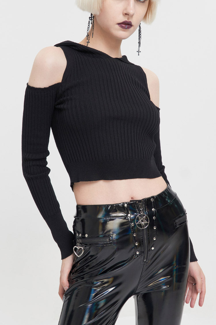 Women's Punk Wool Knit Long Sleeve Sweater with Hooded Off-The-Shoulder Back Cutout Rope String Upside Down Pentagram