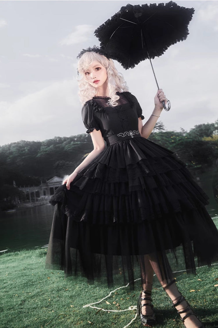 Layered Ruffle Gothic Lolita Dress with Twin Towers