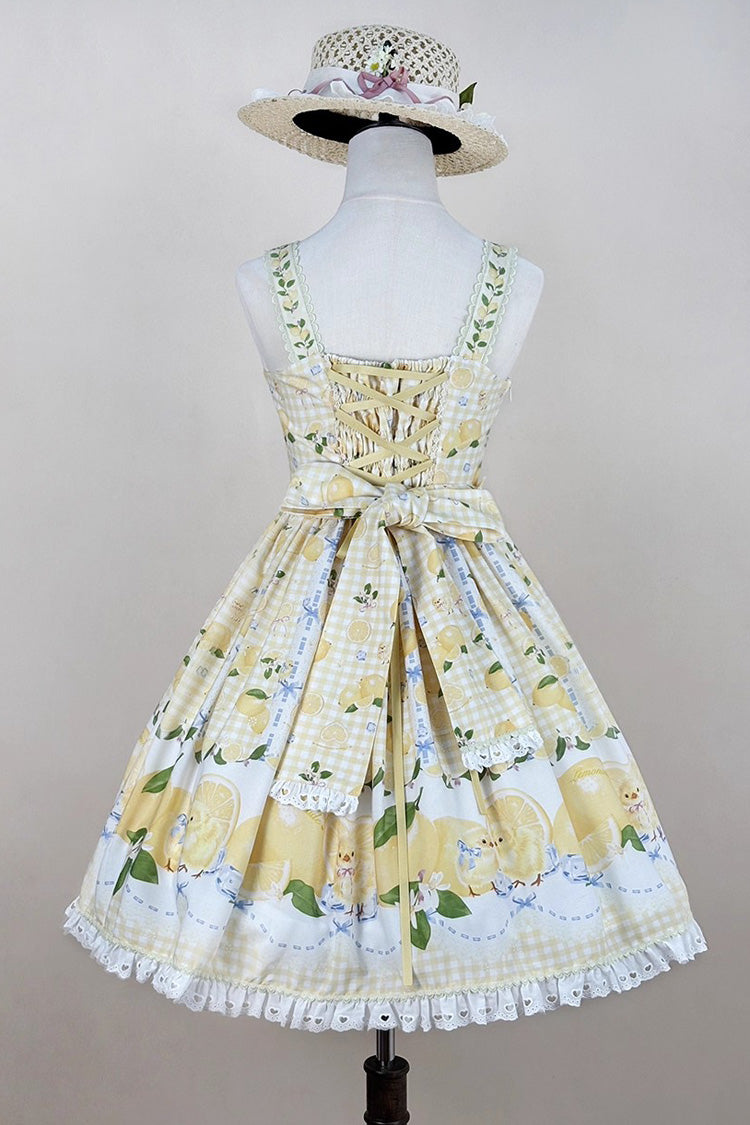 Sunshine Printed Ruffle Bow Lace Sweet Jumper Dress - Lemon Chicken