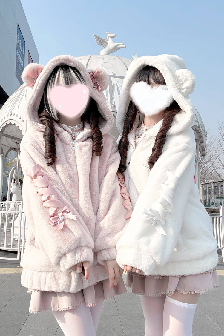 Bear Ears Long Sleeves Bow Lace-Up Hooded Zippered Sweet Jirai Kei Coat