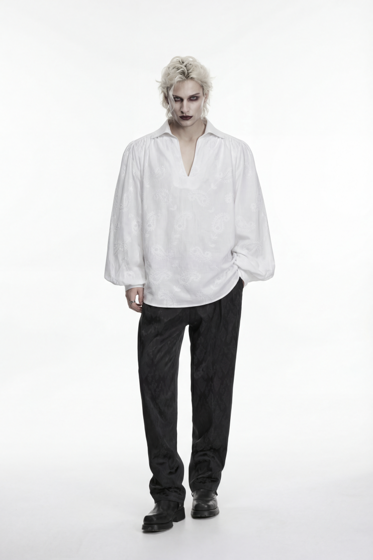 Ivory Embroidered Gothic Shirt with Lantern Sleeves and Print