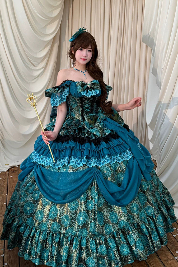 Peacock Spirit Princess Multi-Layered Ruffled Bow Lace-Up Classic JSK