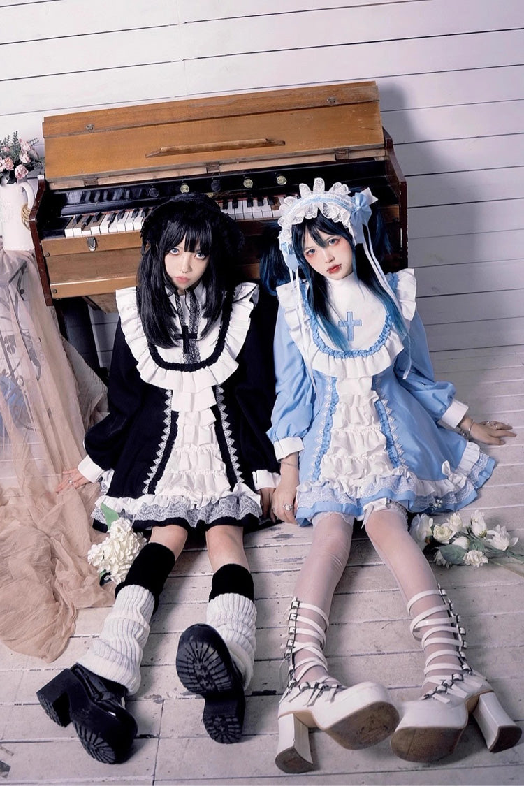 Long Sleeves Multi-layer Cross Print Nun Style Ruffle Gothic Lolita Dress