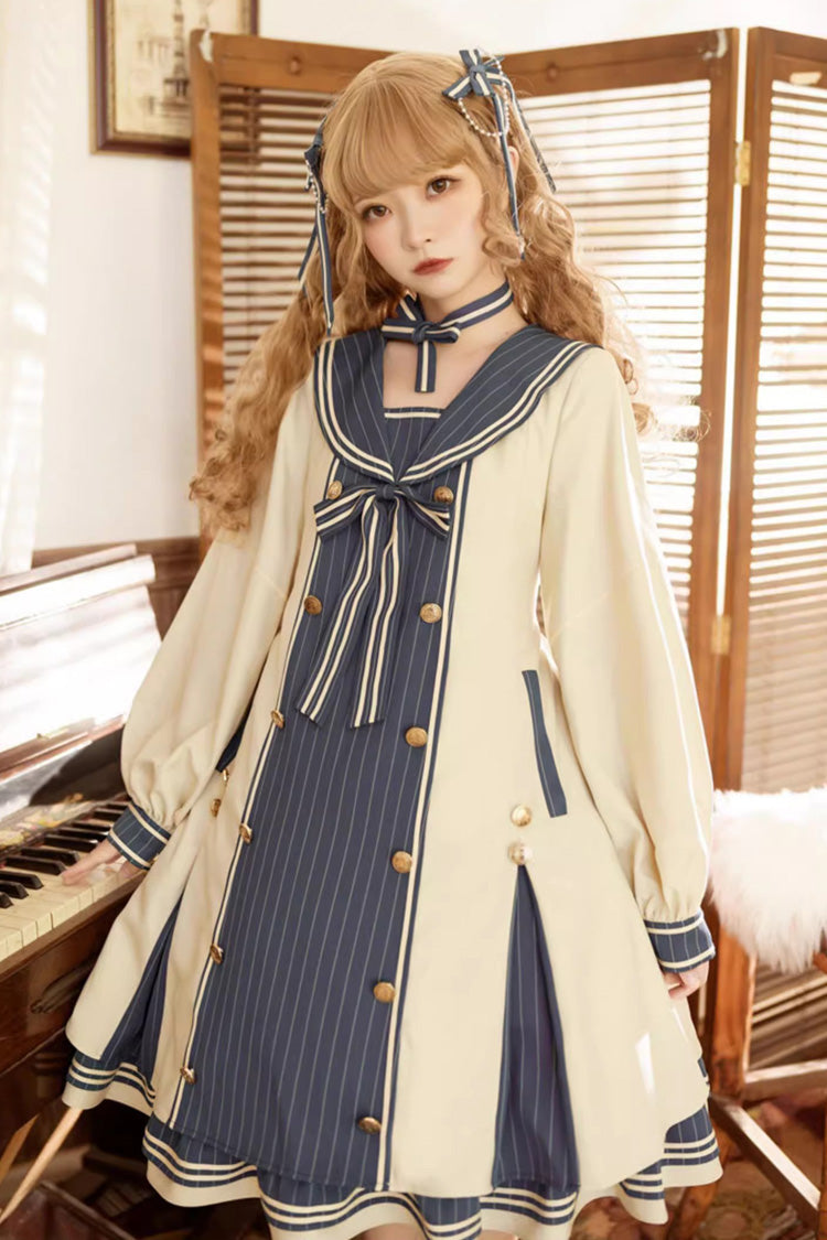 Navy Collared Long Sleeve Floral Bow Sweet Plus Size Lolita Gown