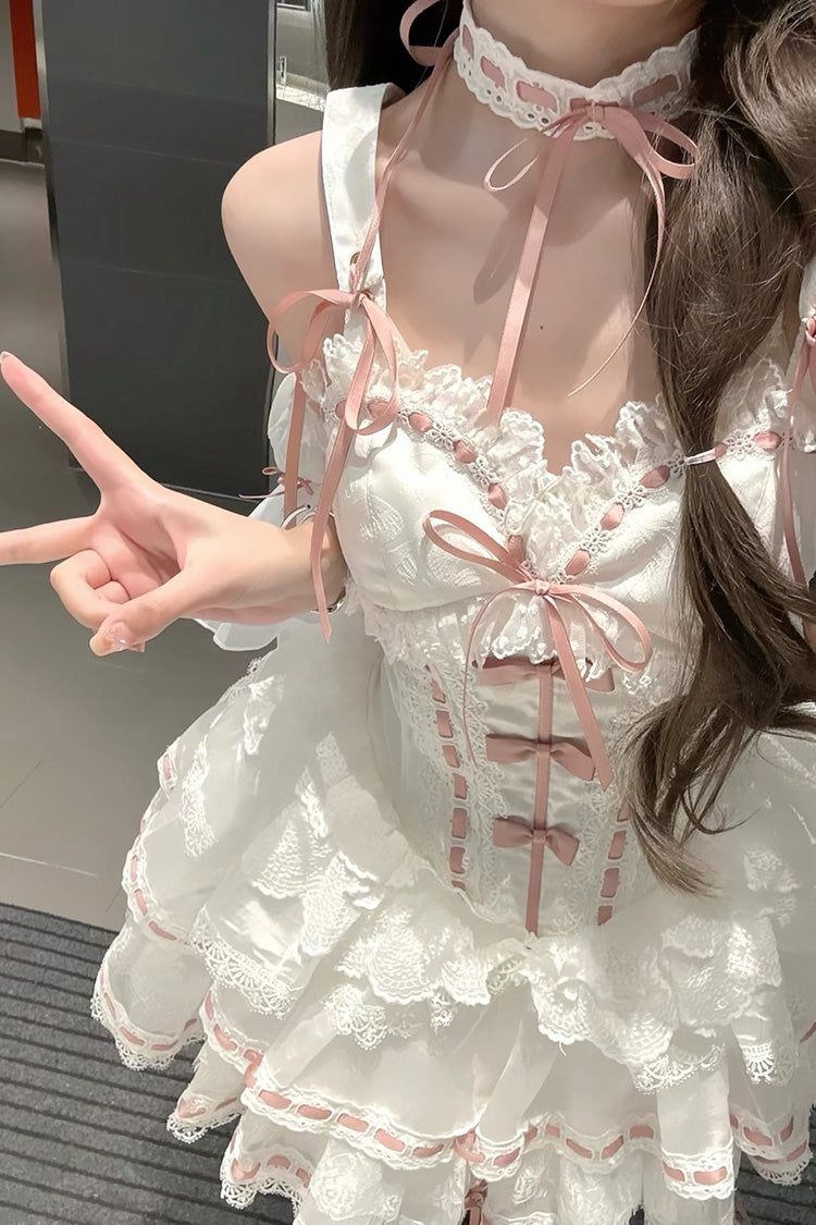 White Little Love Song Detachable Trumpet Sleeve Bow Lace Top Skirt Set