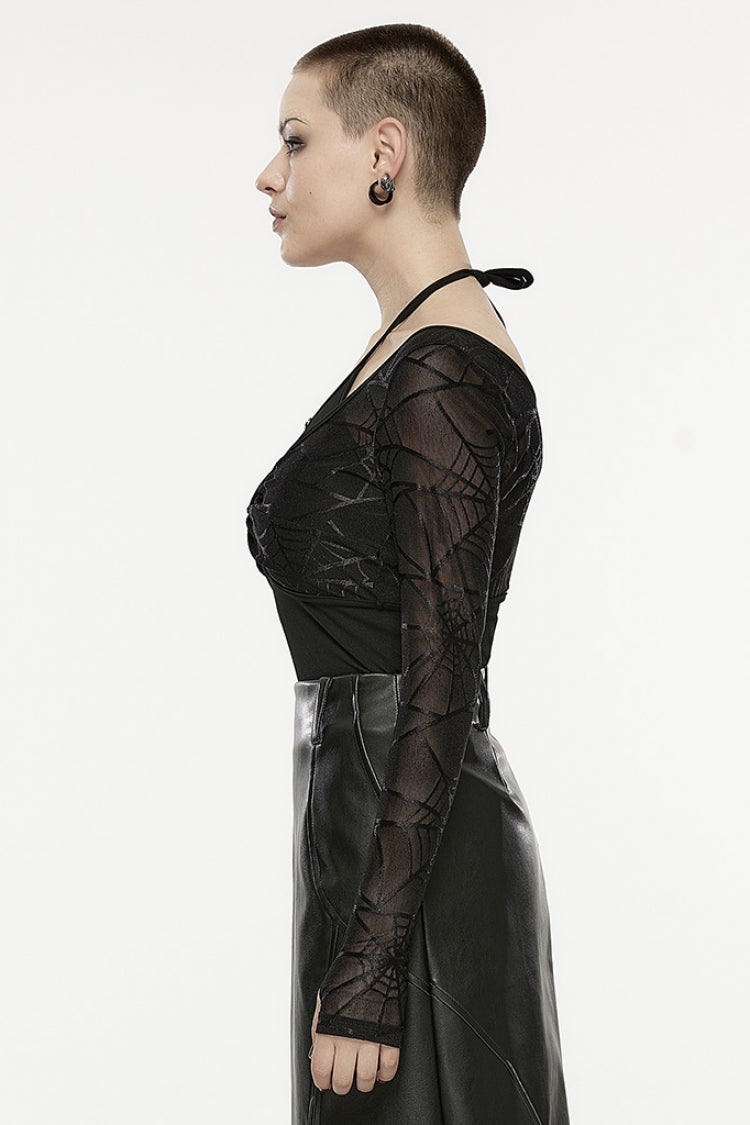 Noir Punk Two-Piece Set with Halter Neck and Web Print