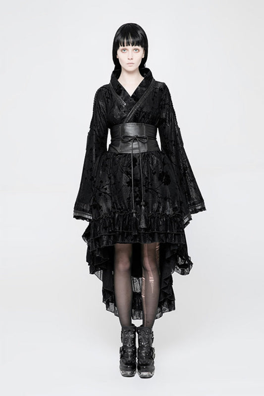 Black Long Sleeves Printed Ruffle Gothic Kimono Dress