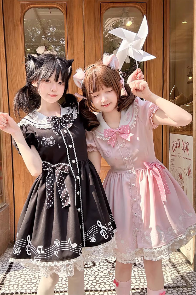 Black Melody Kitty Doll Collar Short Sleeves Ruffled Embroidered Bow Lace Sweet Dress