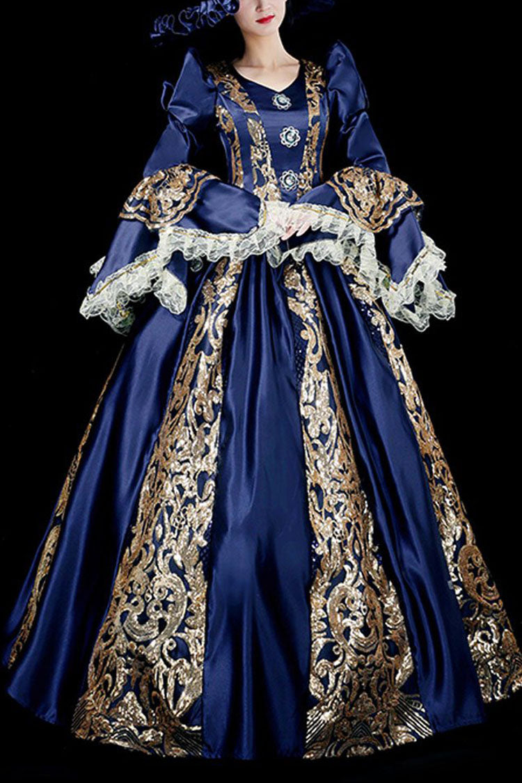 Golden Hollow Print Victorian Gown - Trumpet Long Sleeves
