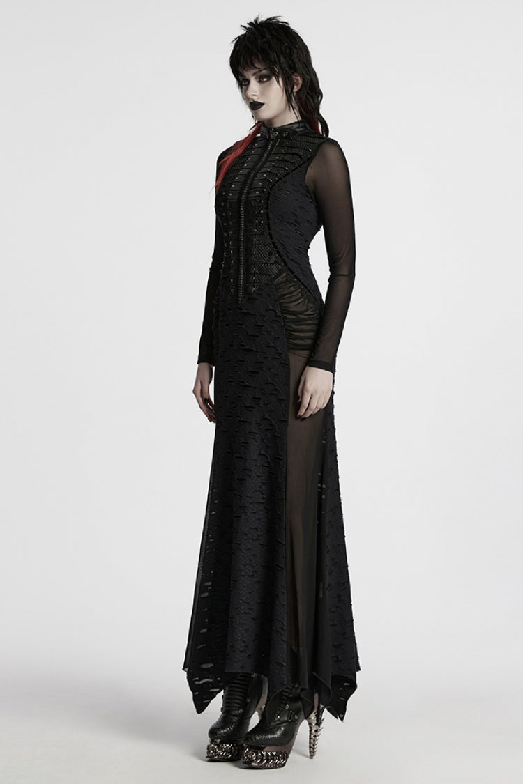 Jet Stand Collar Long Sleeves Stitching Mesh Ripped Punk Fishtail Dress