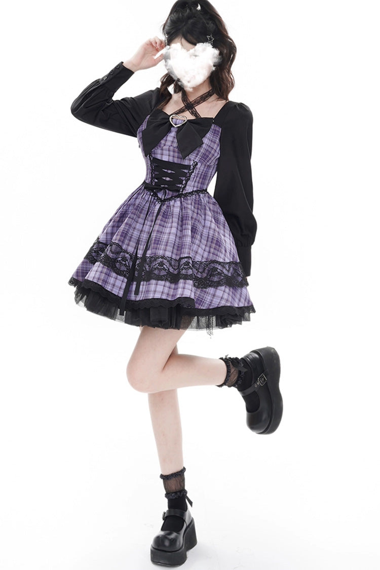 Purple Witch Time Long Sleeves Plaid Print Bow Lace Sweet Dress