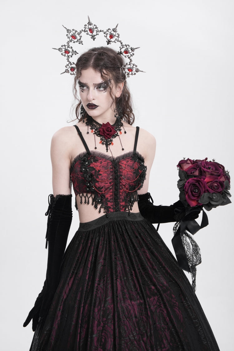 Scarlet Jacquard Floral Embroidered Lace Ripped Gothic Party Slip Dress