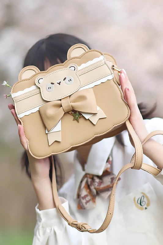 Brown Bowknot Bear Crossbody Bag