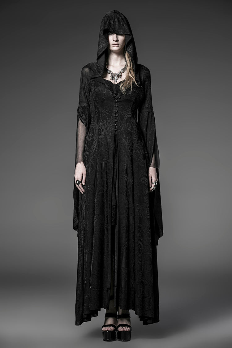 Women's Gothic Dress with Hooded Metal Buckle Long Trumpet Sleeves Embroidery