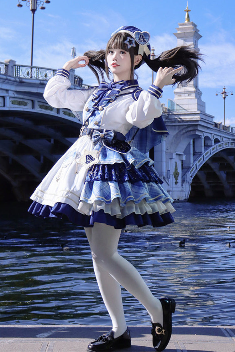 White Blue Starlight Academy Style Long Sleeves Printed Ruffled Spliced Asymmetric Faux Two-Piece Sweet Dress