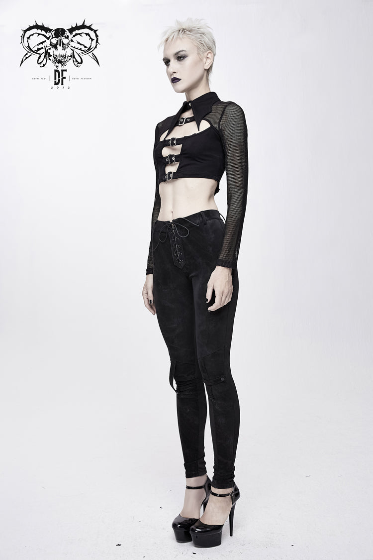 Punk T-Shirt with Bat Collar, Mesh Splice, Long Sleeves and Chest Clasp