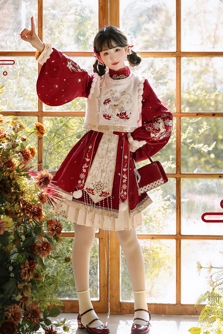 Scarlet The Horse of the New Spring Stand Collar Lantern Sleeve High-Waist Brocade Embroidered Women's Sweet Hanfu Dress Set