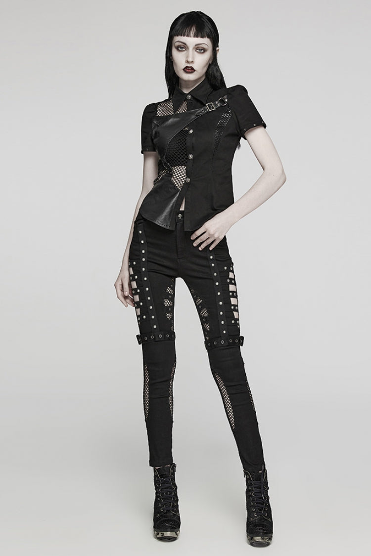 Cutout Punk Jeans with Eyelet Details and Mesh Trim