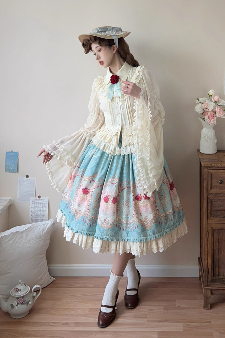 Blue Moonlit Garden Print Ruffle Lace Sweet Palace Lolita Skirt