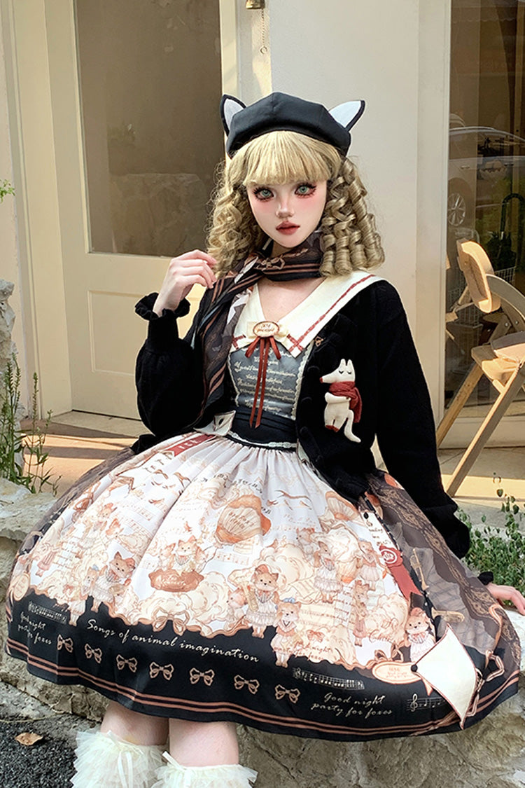 Black Fox Print Square Collar Bowknot Classic Lolita Jumper