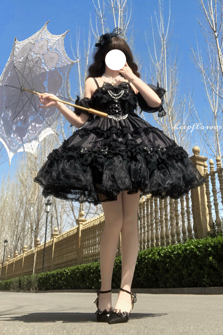 Off-Shoulder Jsk Dress with Multi-Layered Ruffles and Bow