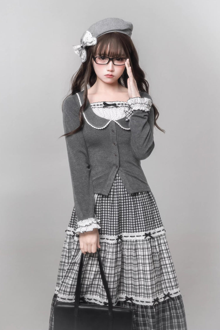 Sweet Lolita Skirt Set with Square Collar, Cut-Out Lace, Star Print, Grey