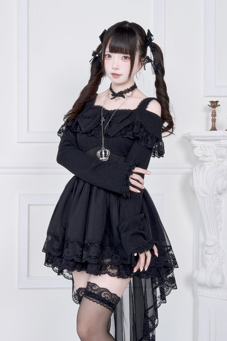Off Shoulder Long Sleeve Ruffled Bow Lace Gothic Dress