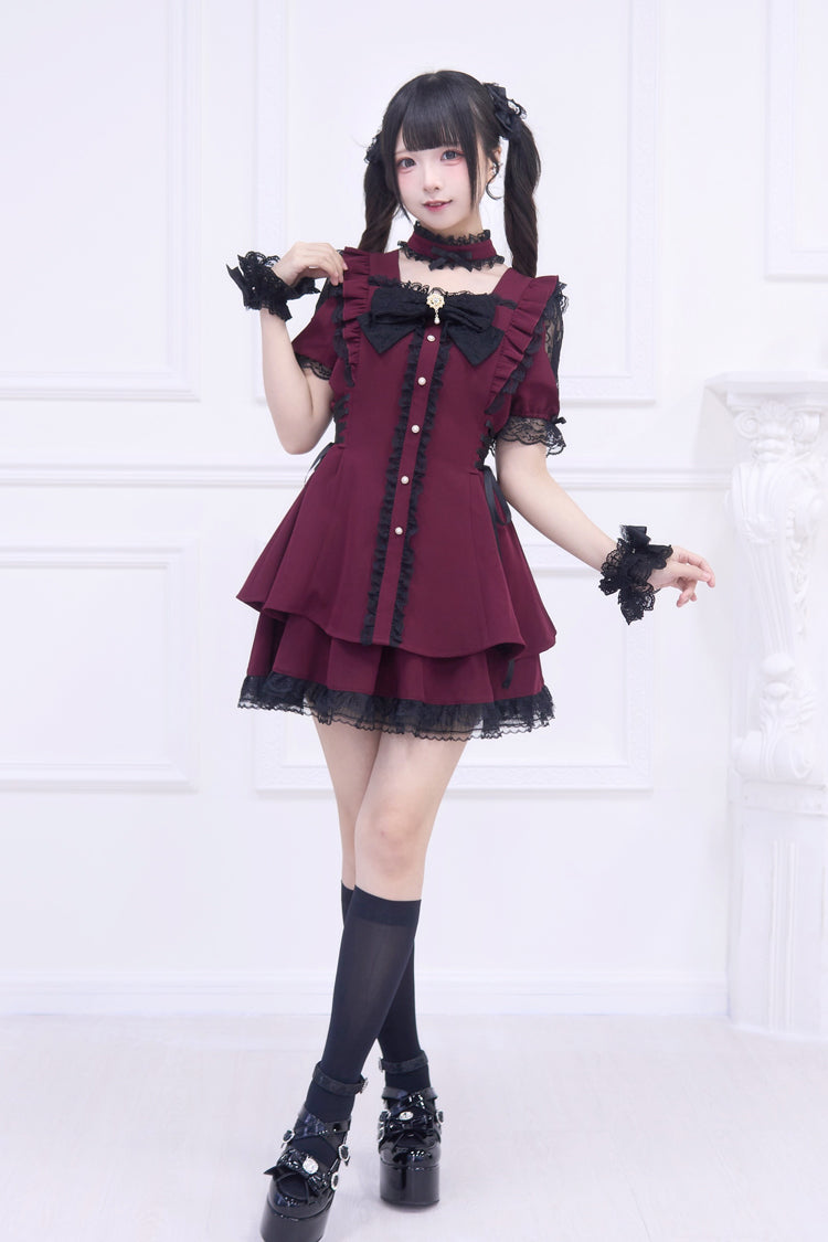 Scarlet Waltz Short Sleeve Ruffled Bow Gothic Jirai Kei Japanese Dress Set