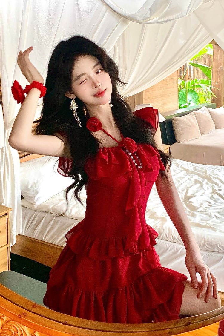 Crimson Three-Tier Frilled Bow Summer Holiday Sweet Lolita Gown