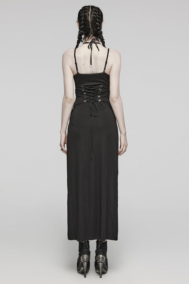 Jet Halterneck Lace-Up Ripped Side Slit Punk Gown