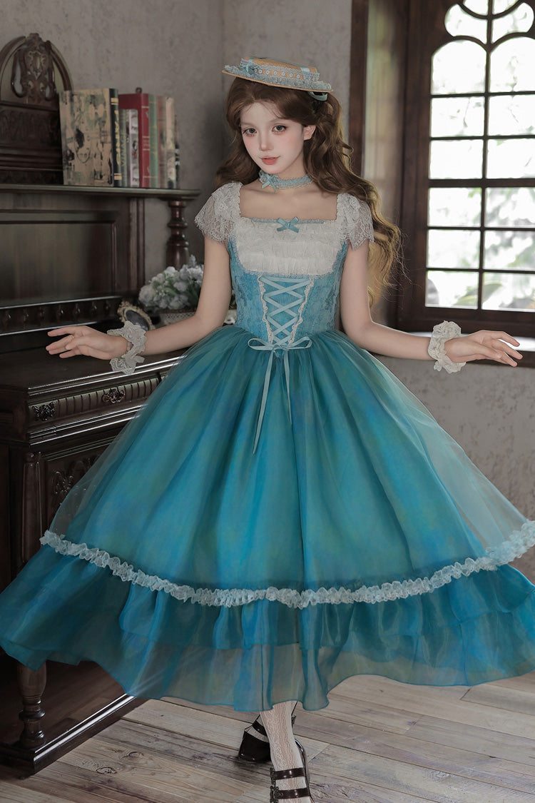 Water Lily Square Collar Ruffled Lace-Up Royal Lolita Dress