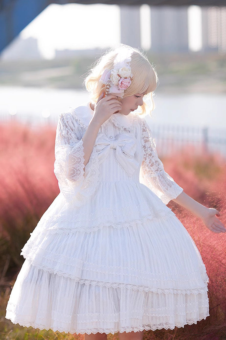 White Sweet Lolita Dress with Tower of Dawn Bowknot and Ruffled Sleeveless